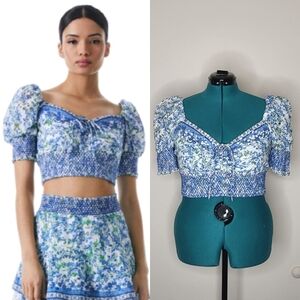 NWT‎ Alice Olivia XL Blue Crawford Lace Up Smocked Top Milkmaid Country Cottage